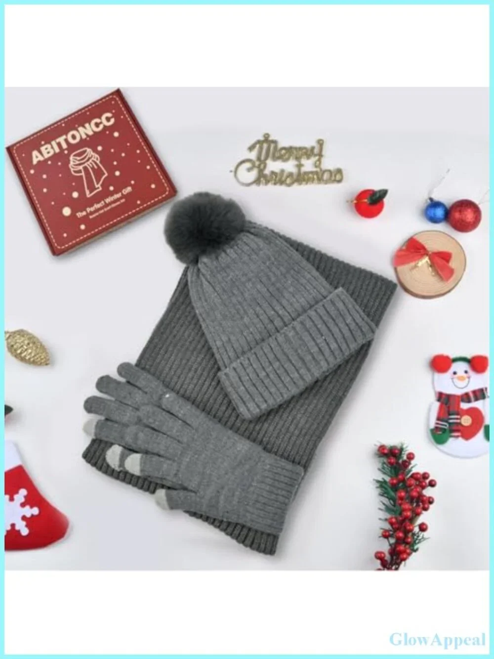 Winter Beanie Hat Scarf Gloves Set, Fleece Lined Knit Pompom Touchscreen